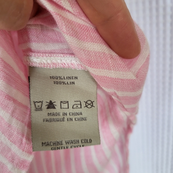Pink & white striped light linen Charlie Paige pop over top with button back - Picture 6 of 7